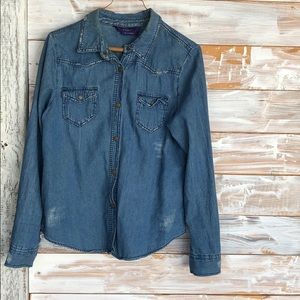 Distressed Denim Button Up